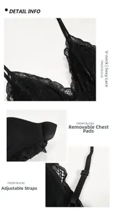 Dettaglio di lingerie sexy in pizzo con scollo a V, imbottitura e spalline regolabili