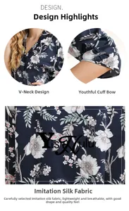 Detail of V-neckline and bow cuffs on floral faux silk pajamas with smooth texture