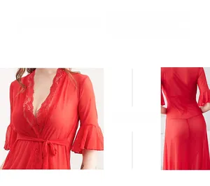 Detail of red sheer mesh robe with floral lace trim and layered bell sleeves
