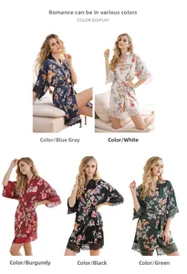 Floral satin kimono robes for women featuring eyelash lace trim in multiple colors