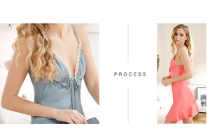 Detail of satin nightgown featuring deep V-neck lace trim and elegant bow tie accents
