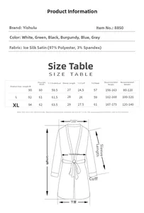 Size chart for women's satin robes featuring fabric details and measurement guide in cm