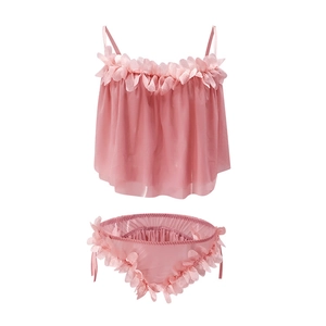 Two-piece pink lace lingerie set with 3D floral petals and sheer camisole design