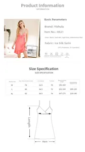 Size chart for women's V-neck satin nightgown with measurements for M, L, and XL sizes