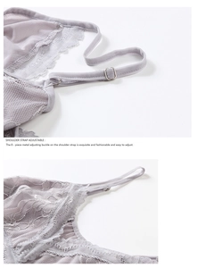 Gros plan détaillé des bretelles en dentelle réglables avec boucles en métal argenté