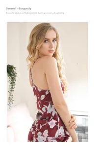 Detail shot of maroon floral satin pajamas featuring slim straps and a sexy backless cut