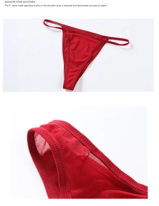 Detail of red mesh thong with adjustable metal buckles and fine lace texture
