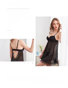 Detailed views of sexy black mesh babydoll nightwear with lace underwire cups and bow