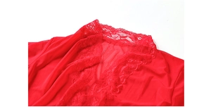 Detailed macro view of red mesh fabric with delicate floral lace trim on women nightwear