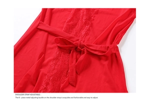 Detailed close-up of red mesh nightwear showing floral lace and adjustable shoulder straps