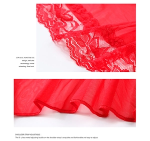 Close-up of red floral lace detail with mesh fabric and adjustable shoulder straps