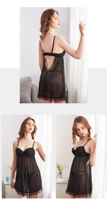 Detailed views of black lace mesh nightgown with open back and eyelash lace trim