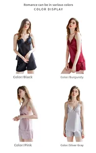 Ensemble pyjama en satin avec dentelle pour femme en noir, bordeaux, rose et gris