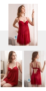 Detailed views of red lace lingerie nightgown featuring an open back and sheer mesh fabric
