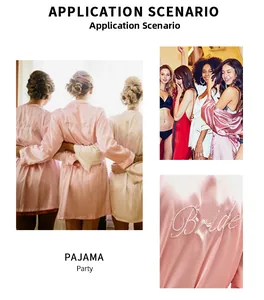 Detailed views of pink satin bridal robes with Bride embroidery for wedding parties