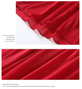 Detail of soft red lace texture with wave trimming and adjustable metal buckle