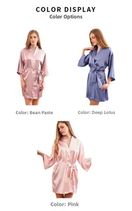 Short satin bridal robes in dusty rose, navy blue, and pink showing color options