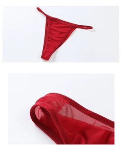 Close-up detail of sexy red mesh G-string panty with delicate lace stitching