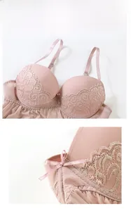 Detail showing pink lace cups with delicate floral embroidery and ribbon bow accents