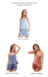 Color display of satin camisole and shorts pajamas in light blue, purple, and coffee brown