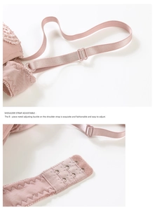 Detail of adjustable shoulder straps with metal sliders and multi-row back hooks on lace bra