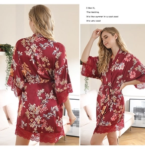 Front and back view of burgundy satin floral robe with delicate lace sleeve trim