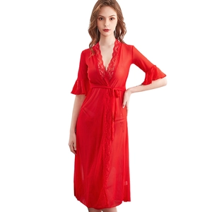 Elegant sheer red polka dot lace lingerie robe with deep V-neck and ruffled cuffs