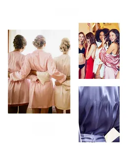 Detail of Bridesmaid embroidery on silk satin bridal party robes with waist tie