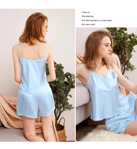 Light blue silk camisole and shorts pajama set shown from front and back views