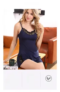 Detail of navy modal lace camisole set showing soft fabric and V-neck floral trim