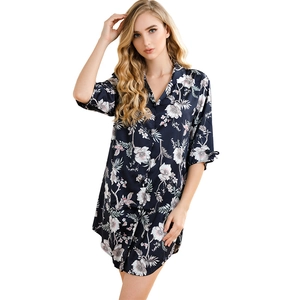 Navy floral satin robe for women with elegant bird print and V-neckline loungewear style
