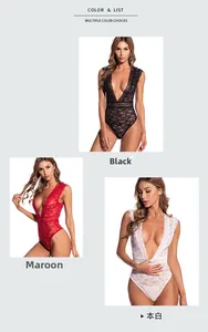 Détails de bodies en dentelle noir, bordeaux et blanc avec décolleté plongeant en V
