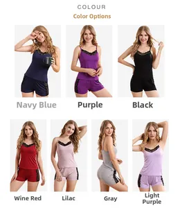 Women's modal pajama sets showing various colors with delicate lace trim detail
