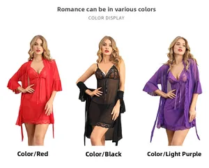 Sexy 3-Teiliges Dessous-Set mit Spitzenkleid und Netzrobe in Rot, Schwarz und Lila