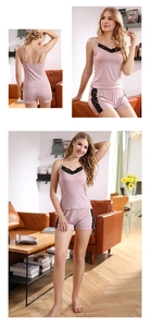 Detailed view of women modal pajama set with black lace trim in elegant mauve color