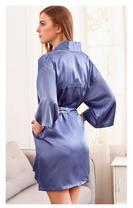 Blue satin bridesmaid robe featuring elegant back embroidery and loose kimono sleeves