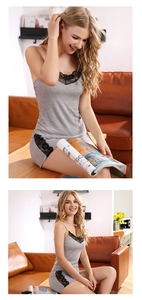 Detail of grey modal camisole and shorts set with black lace trim and soft knit fabric