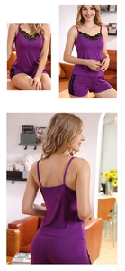 Lace detail on dark purple modal camisole and shorts pajamas set for women