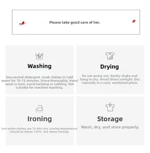 Detailed washing care guide for ice silk bridal robes showing icons and maintenance steps