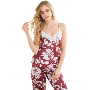 Burgundy floral satin pajama set for women featuring lace V-neck camisole and long pants