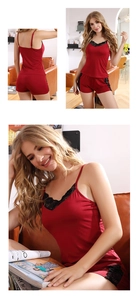 Detailed views of modal lace camisole and shorts sleepwear set in deep red