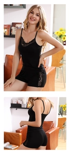 Detail view of black modal pajama set with delicate floral lace trim on top and shorts