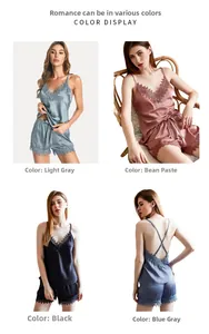 Lace-trimmed ice silk pajama set in four colors with crisscross back straps