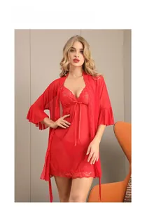 Dreiteiliges rotes Spitzen-Nachthemd-Set mit transparentem Netzmantel und Teddy