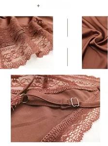 Detail of adjustable straps and floral lace trim on a satin V-neck bodysuit