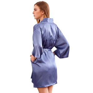 Purple satin bridesmaid robe with Bridesmaid embroidery and classic kimono style wrap