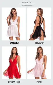 Lace chemise with deep V-neck and open back design shown in white, black, red, and pink colors