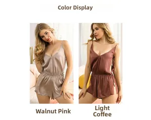 Lace detail on deep V-neck satin bodysuits in walnut pink and light coffee brown