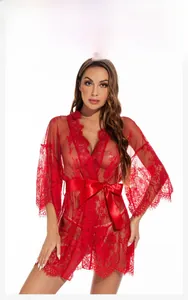 Detail of red sheer lace robe with deep V-neck, eyelash trim and matching silk-like belt