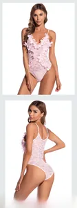 Vue détaillée d'un body en dentelle rose clair avec des appliques papillon 3D